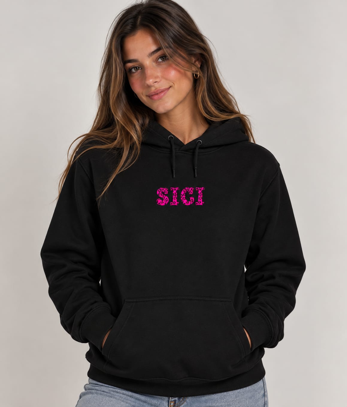 Felpa Donna Cappuccio - Scritta sici leopardata fucsia
